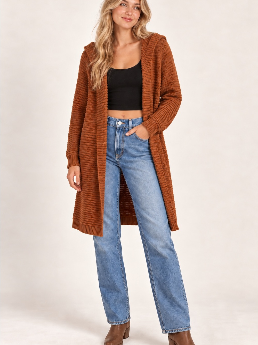 Forever 21 Rust Open-Front Hooded Long Cardigan